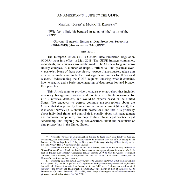 One of yesterday's most downloaded articles is titled An American's Guide to the GDPR, authored by @MargotKaminski and Meg Leta Jones, found in the @denverlawreview. It's been cited by 27 other articles. Read it here in HeinOnline: tinyurl.com/35659ehz