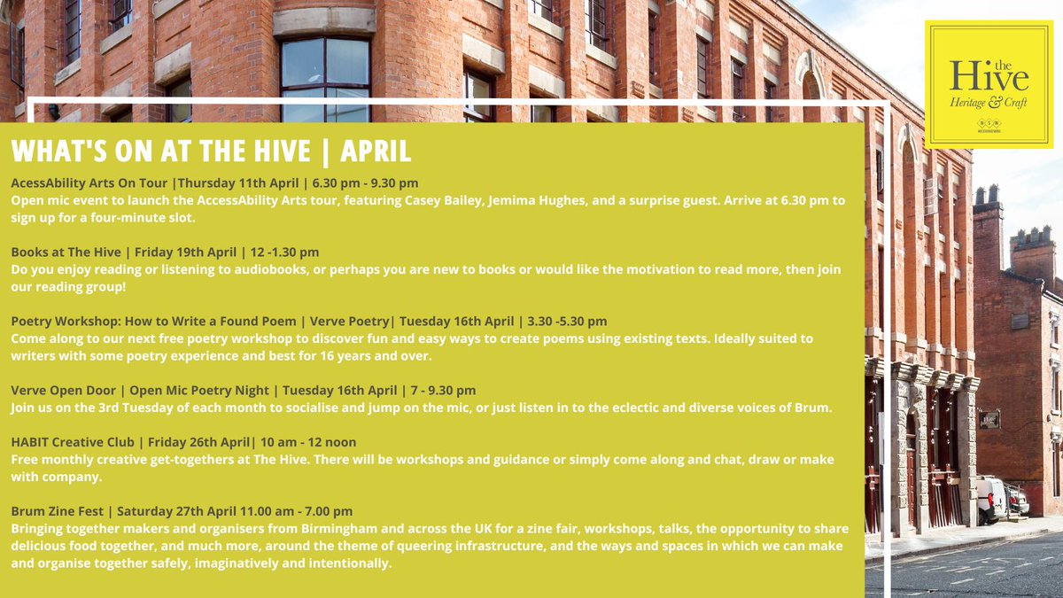 📢 What's on at The Hive this April. We are open Tuesday to Friday 7.30am - 3.30pm. For more information and bookings follow the link in the bio or get in touch! #whatsoninBirmingham #freeEvents