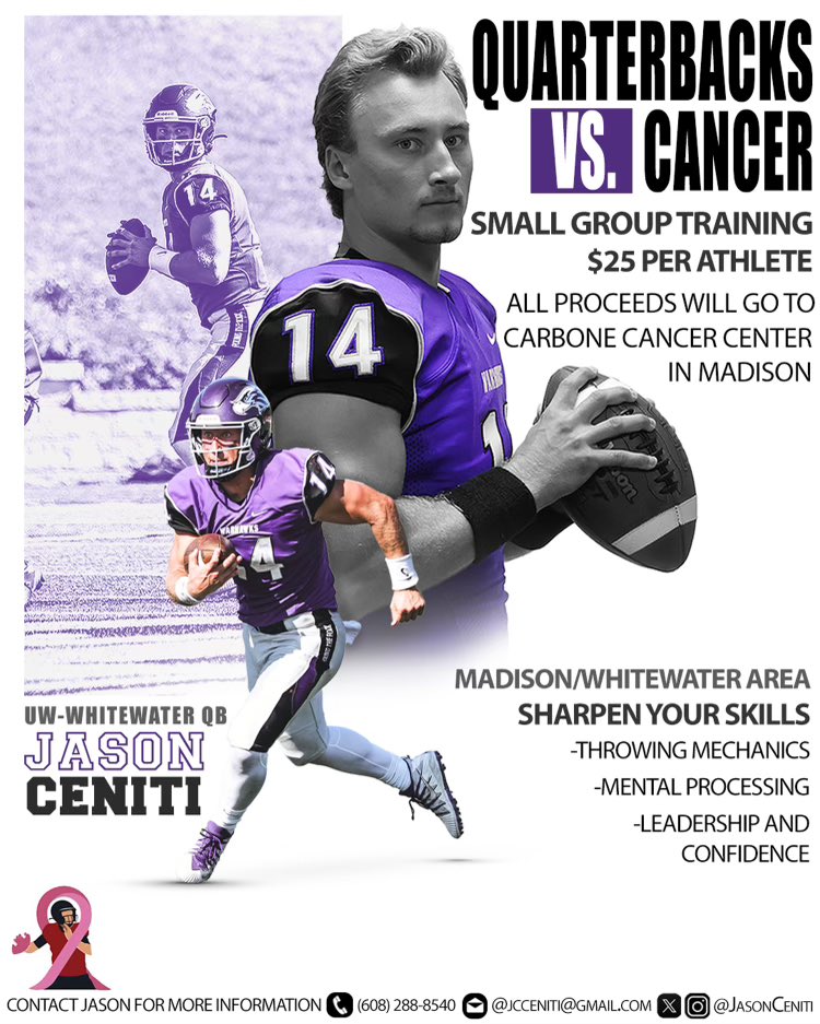 I am excited to announce that I will be hosting small group QB training in both Madison and Whitewater! If you are not a QB, but would still like to contribute to this effort, there is a donations portal linked in my profile bio. Any contribution is greatly appreciated!!