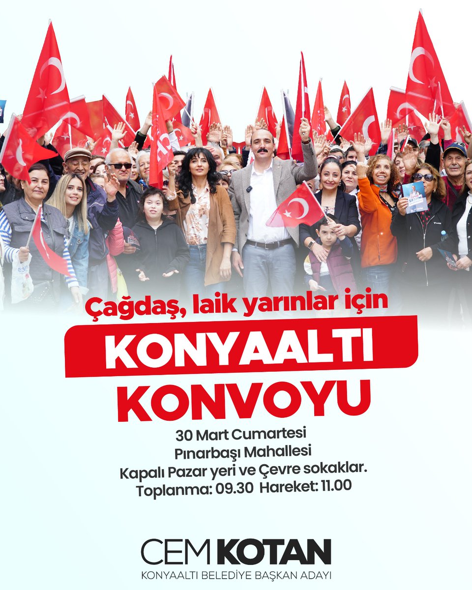 Çağdaş, laik yarınlar için haydi konvoya! 🇹🇷

📍30 Mart Cumartesi saat 09.30’da Pınarbaşı Mahallesi Kapalı Pazar yeri ve çevre sokaklarda toplanacak, saat 11.00’de bayraklarımızla ve tüm coşkumuzla yollara çıkacağız.

Tüm vatandaşlarımızı araçlarıyla konvoya katılmaya davet