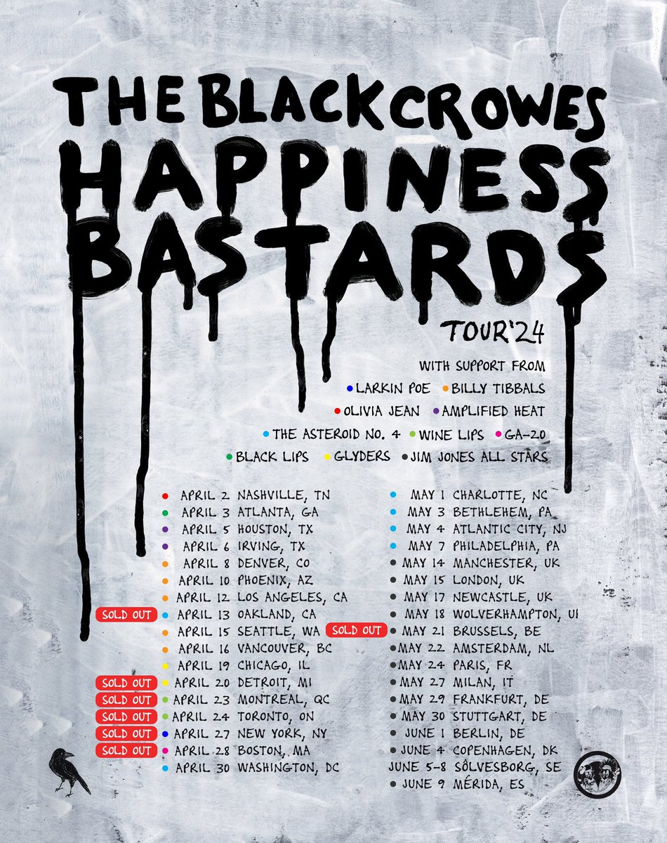 The #HappinessBastardsTour kicks off next Tuesday in Nashville! Celebrating #HappinessBastards - our first new music in 15 years - we’re hitting 35 cities across North America and Europe.

Limited tickets are available for select shows - TheBlackCrowes.com