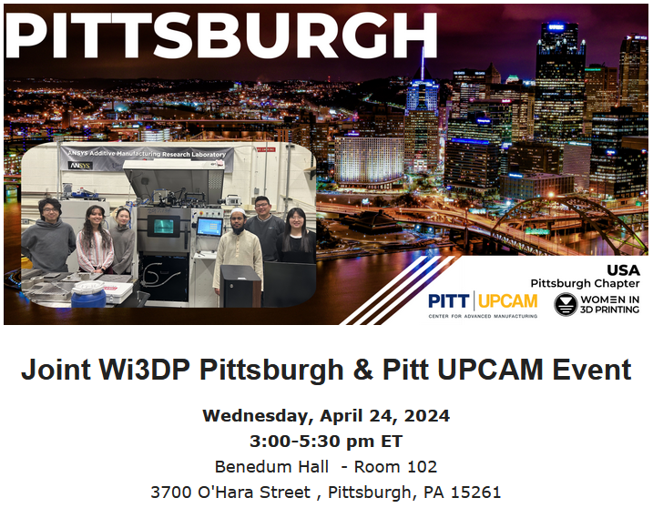 Join us on Wednesday, April 24, 2024 for a @Wi3DP Pittsburgh & #PittUPCAM Event highlighting #additivemanufacturing research at @PittEngineering. Speakers include Assistant Profs Xiayun Zhao & Soumya Sridar, and PhD Students. Register: pitt.co1.qualtrics.com/jfe/form/SV_eb…