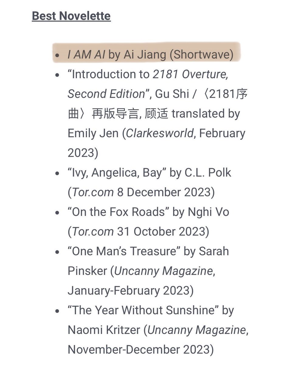 This is my first ever Hugo nomination & to have it be a v personal piece w/ my name in the title & shared w/ the MC. What a time it is to be named Ai 🥹🫶🏼🫂 I’m also astonishingly on the Astounding Award for Best New Writer final ballot 😭🙏🏼 Thank you for everyone’s support!🥺