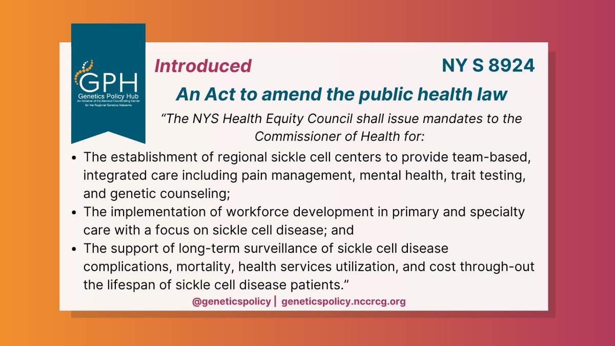 The #NY Senate introduced a bill on March 28, 2024, to require the <a href="/HealthNYGov/">NYSDOH</a> Health Equity Council to issue mandates related to the treatment of #SickleCell disease. Learn more at: bit.ly/49fuzZc