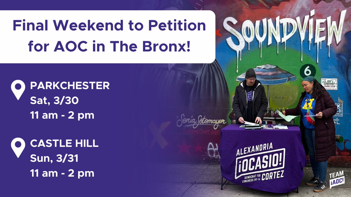 Grab a clipboard 📋 it's the last weekend to collect signatures for @AOC in The Bronx! RSVP 3/30: bit.ly/aoc-park RSVP 3/31: bit.ly/aoc-ch