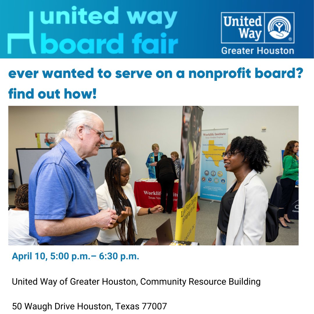 Have you thought about serving on a nonprofit board? Find out how you can grow as a leader at United Way’s Board Fair on Wednesday, April 10. Register here: unitedwayhouston.jotform.com/240504289265963
