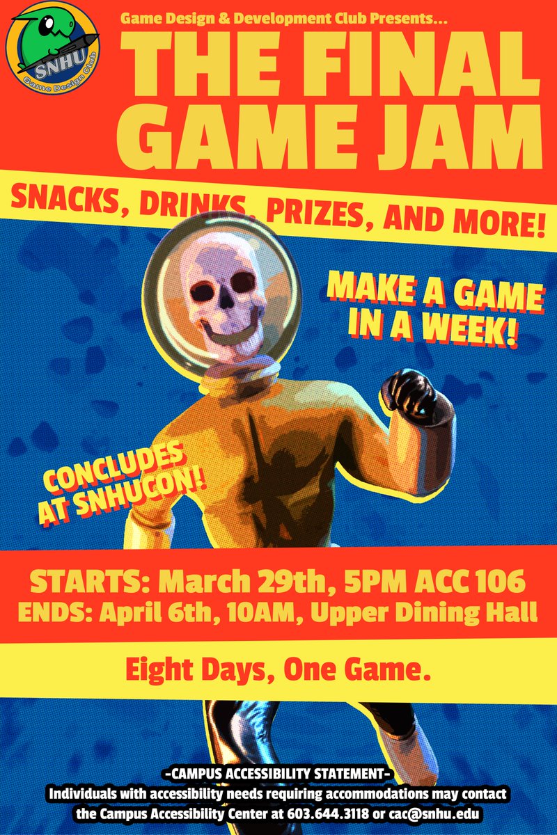SNHUGameDesign's tweet photo. A Reminder that TONIGHT is the start of the FINAL GAME JAM OF THE YEAR! Come to ACC 106 at 5pm for the opening ceremony! https://t.co/MMJMZ7LUZ2