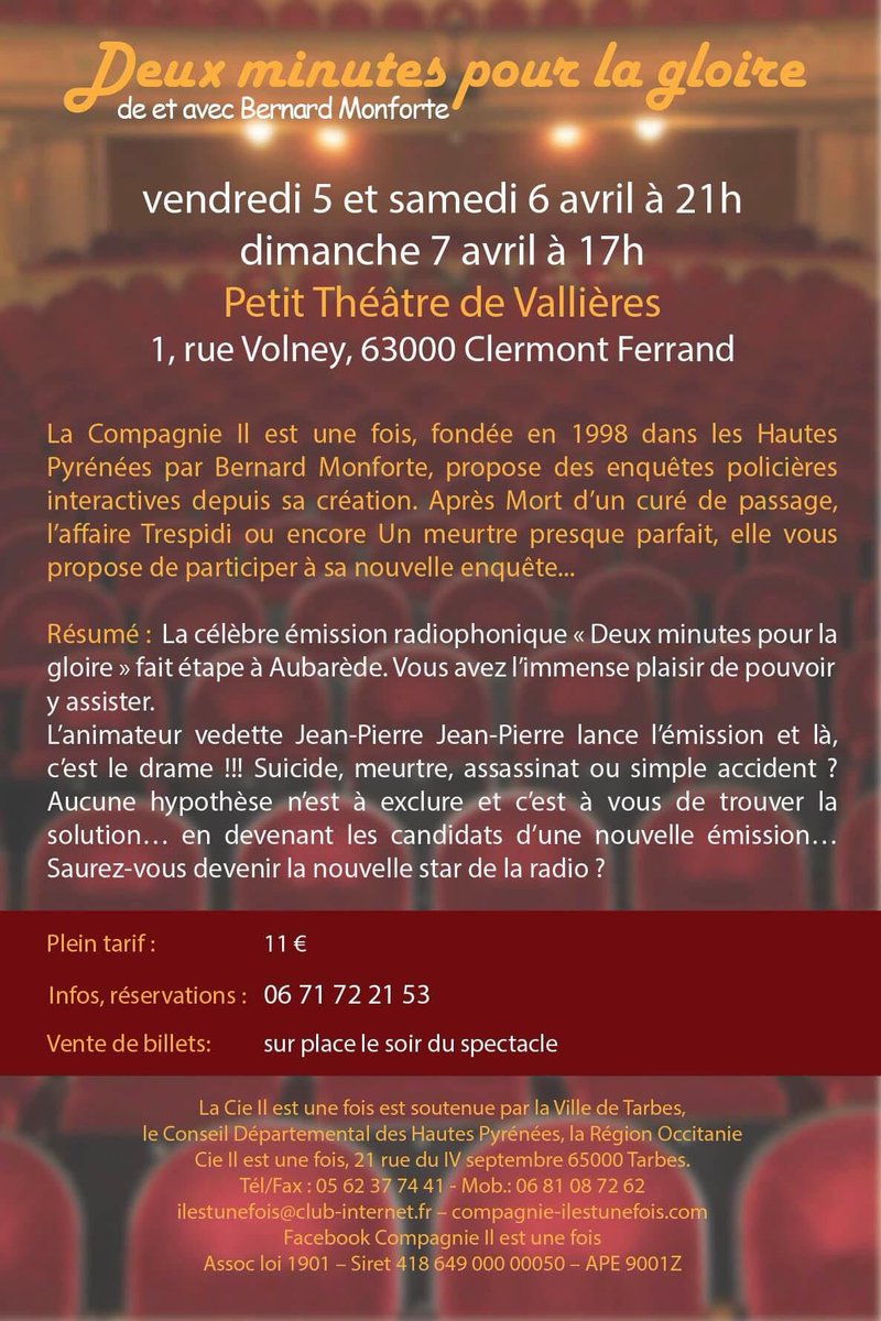 MonforteBernard's tweet photo. Pour la première fois en Auvergne, la Cie il est une fois vous propose de mener l’enquête, interactif, drôle, convivial…#petittheatrevallieres #clermontferrand #enquete #humour #theatre https://t.co/2mXYwPDHL6