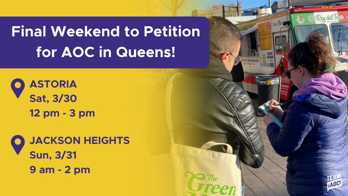 Grab a clipboard 📋 it's the last weekend to collect signatures for @AOC in Queens! RSVP 3/30: bit.ly/aoc-astoria RSVP 3/31: bit.ly/aoc-jh