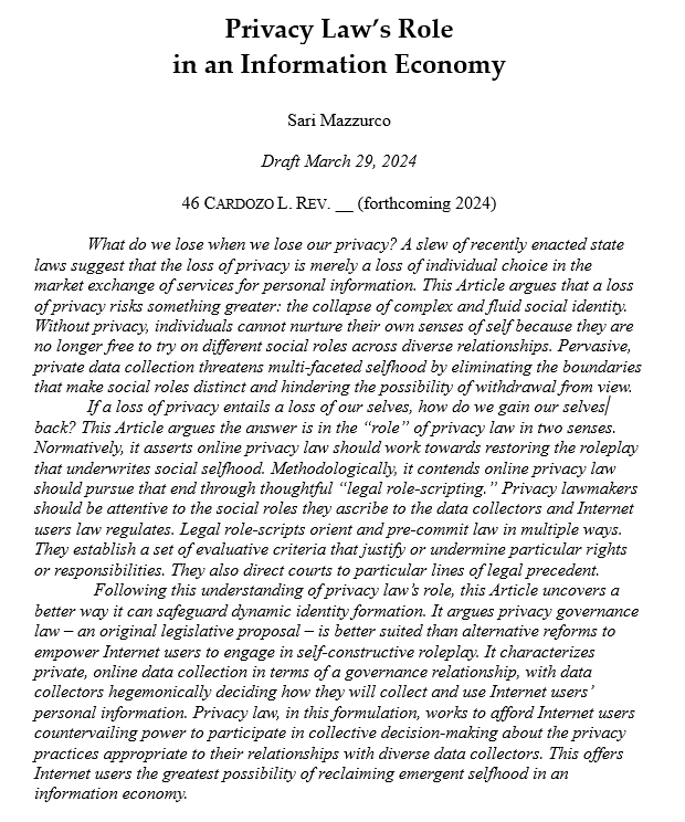 SariMazzurco's tweet photo. I'm so happy to report that my article "Privacy Law's Role in an Information Economy" will be published in @CardozoLRev! Any interested readers can find the current draft at: https://t.co/IMh3ZVZEuA. https://t.co/rUApCp6wvM