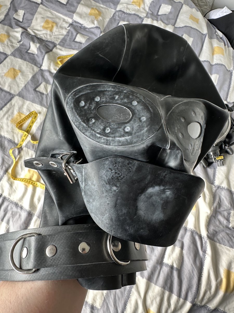 Selling: Black style rubber hood xxl Collar licking Plastic eyes Nose holes Strap on rubber gag Back zip. Offers over £30 (plus postage costs to be paid by buyer)