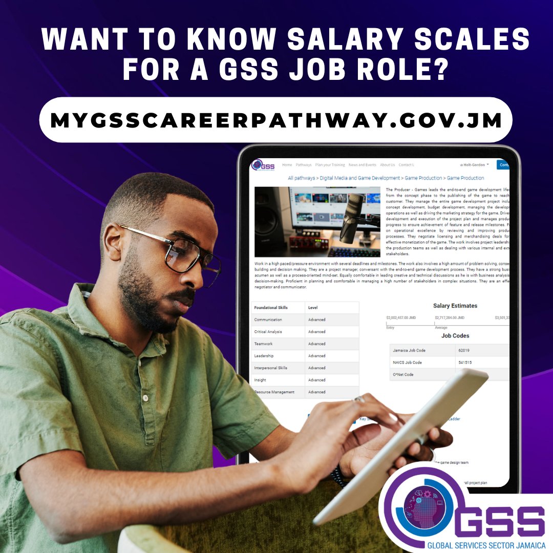 Want the scoop on salaries in the GSS? Head to the GSS Career Pathway Framework to uncover all the possible job roles in the industry, with job descriptions, must-have skills and more! Sign up at mycareerpathway.gov.jm #GSSCPF #PayScales #JobRoles #JobDescriptions #GSSJamaica