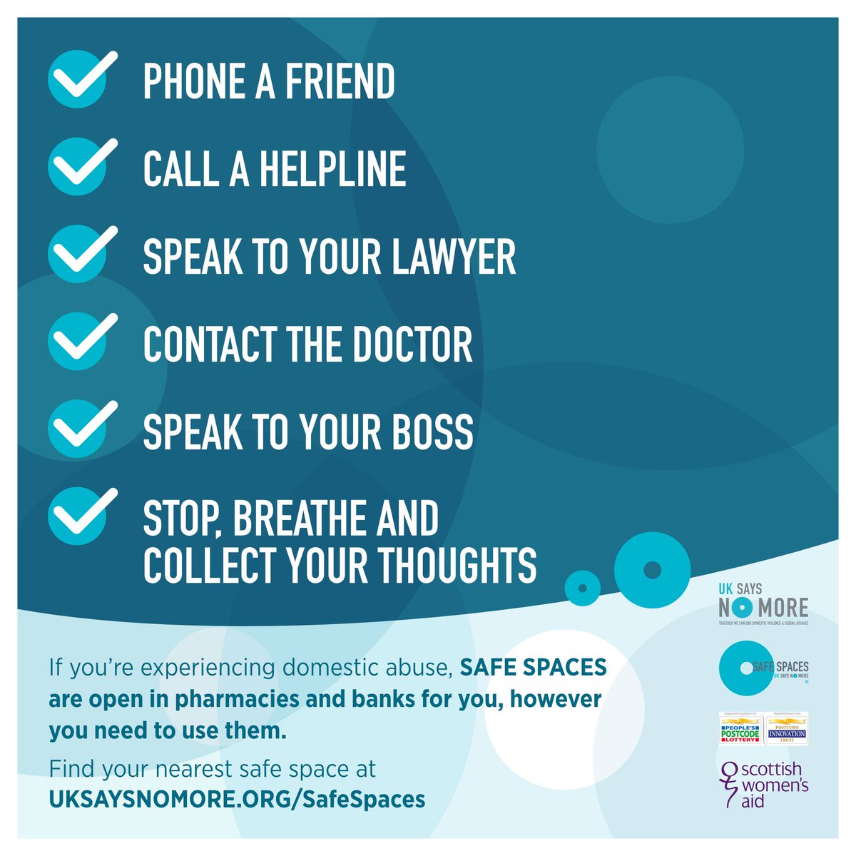 Did you know there are Safe Spaces available in banks and pharmacies across Scotland for anyone experiencing #DomesticAbuse? 

You can walk in and use these spaces to phone a Helpline, make some plans or just have some privacy. 

Find out more here: bit.ly/3uPIK9c