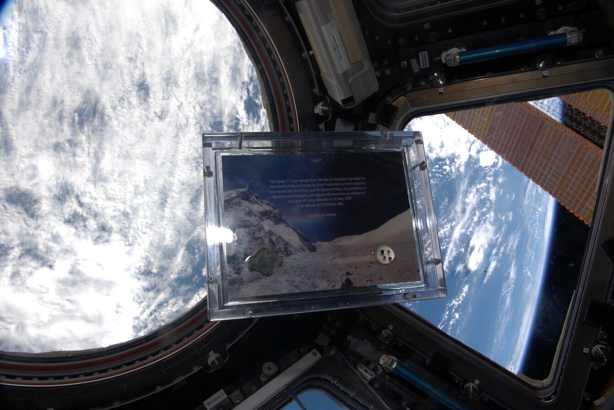 NASAWatch's tweet image. Talking with a random friend of a high school pal from 50 yr ago who is riding a motorcycle to Everest Base Camp (in China). Surprisingly he used to work at KSC &amp;amp; worked STS-130 when the Moon &amp;amp; Everest rocks that @AstroDocScott and I had in Nepal were sent up to ISS. #SMALLWORLD