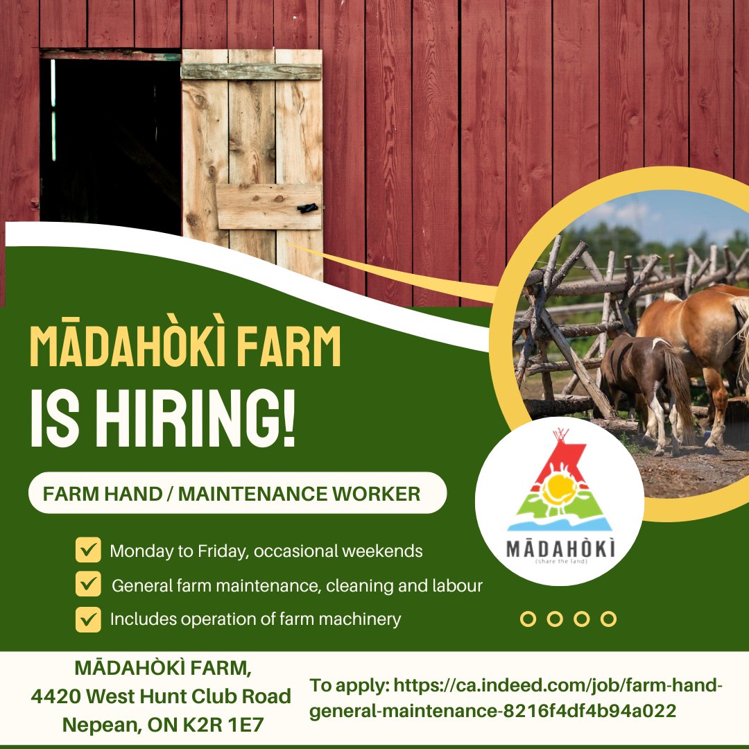 📢 Mādahòkì Farm is hiring! 👉 We're looking for a dedicated and hardworking Farm Hand/General Maintenance Worker to join our team. Responsible for keeping the property and barn and farm grounds clean and functional. ℹ️ For full details and to apply: ca.indeed.com/job/farm-hand-…