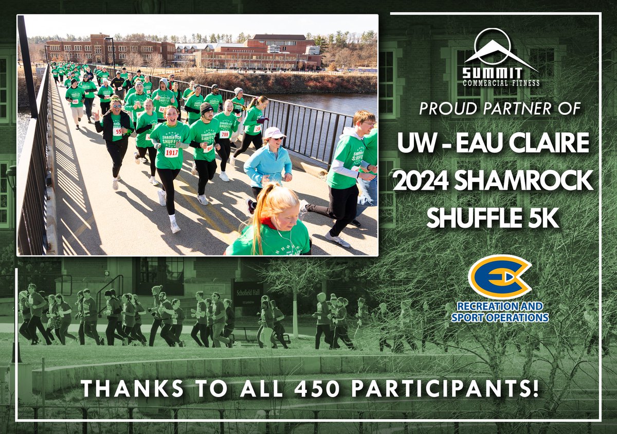 Proud to partner with @UWECblugolds for the 2024 Shamrock Shuffle 5K! This year's event hosted 450 participants. #SummitFitness #UWEC