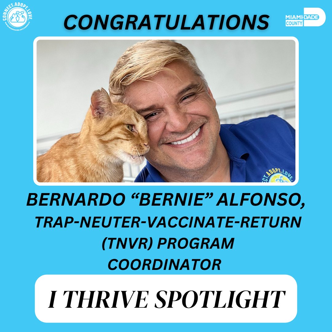 AdoptMiamiPets's tweet photo. Check out Bernardo βBernieβ Alfonso, Trap-Neuter-Vaccinate-Return (TNVR) Program coordinator. He is featured #OurCounty's #IThrive. Bernie joined Animal Services a couple of years ago, but he has been a rescue partner since 2010. Learn more at
https://t.co/tJd2Ddp9sy https://t.co/W4VCEtL16L