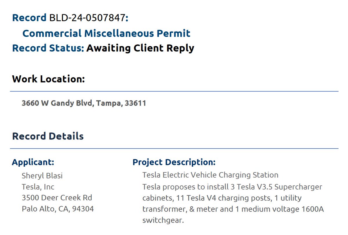 Another Supercharger is coming soon to South Tampa, Florida! Permits have been filed for an 11-stall station at the Wawa on W Gandy Blvd. The site is located directly off the FL-618 toll road.