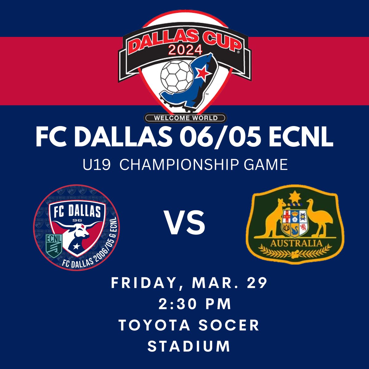 🚨 CHAMPIONSHIP GAME🚨 Today we have a rematch vs a strong Australian team in the @dallascup U19 Championship @ToyotaStadiumTX ❗️ #DTID #CEFHAI #HnH @FCDwomen | @ECNLgirls ⬇️ GAME DETAILS ⬇️