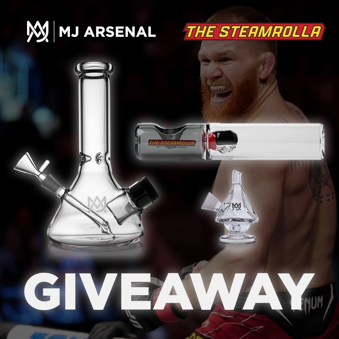 💨 ⚔️🔥GIVEAWAY TIME!! 🔥⚔️ 💨 

I’ve teamed up with <a href="/MJArsenal420/">MJ Arsenal</a> to give away my Steamrolla piece along with their Cache bong and King Toke blunt bubbler 🫧 🤤 

To enter, simply like and retweet this post and be sure you’re following <a href="/MJArsenal420/">MJ Arsenal</a> and me! Giveaway ends on 4/5