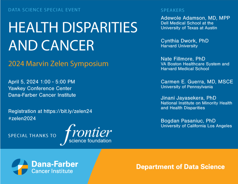 Join us for the 2024 Marvin Zelen Symposium one week from today! Each year we invite Boston's data science community for a themed symposium. This year the topic is Health Disparities and Cancer. Drop-ins welcome but spots are limited. Reserve yours here: app.smartsheet.com/b/form/2d650a4…