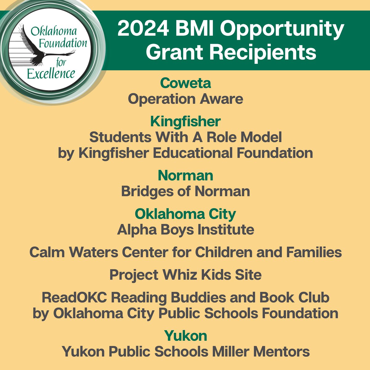 Mentoring programs in Coweta, Kingfisher, Norman, Oklahoma City and Yukon are recipients of the Oklahoma Foundation for Excellence’s 2024 Boren Mentoring Initiative Opportunity Grants. Learn more about the 2024 recipients at ow.ly/V3we50R4u7u #oklaed