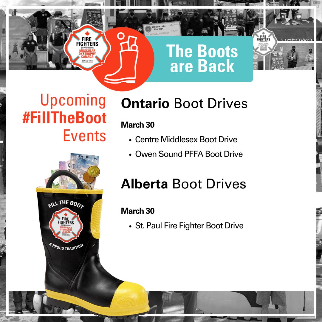 MD_Canada's tweet photo. On March 30, Fire Fighters in #Ontario and #Alberta will be hosting boot drives to raise critical funds and awareness for Canadians affected by NMDs. If you are around any of the locations mentioned, stop by, say hello and help your local Fire Fighters #FillTheBoot. https://t.co/IuAlPIPA3H