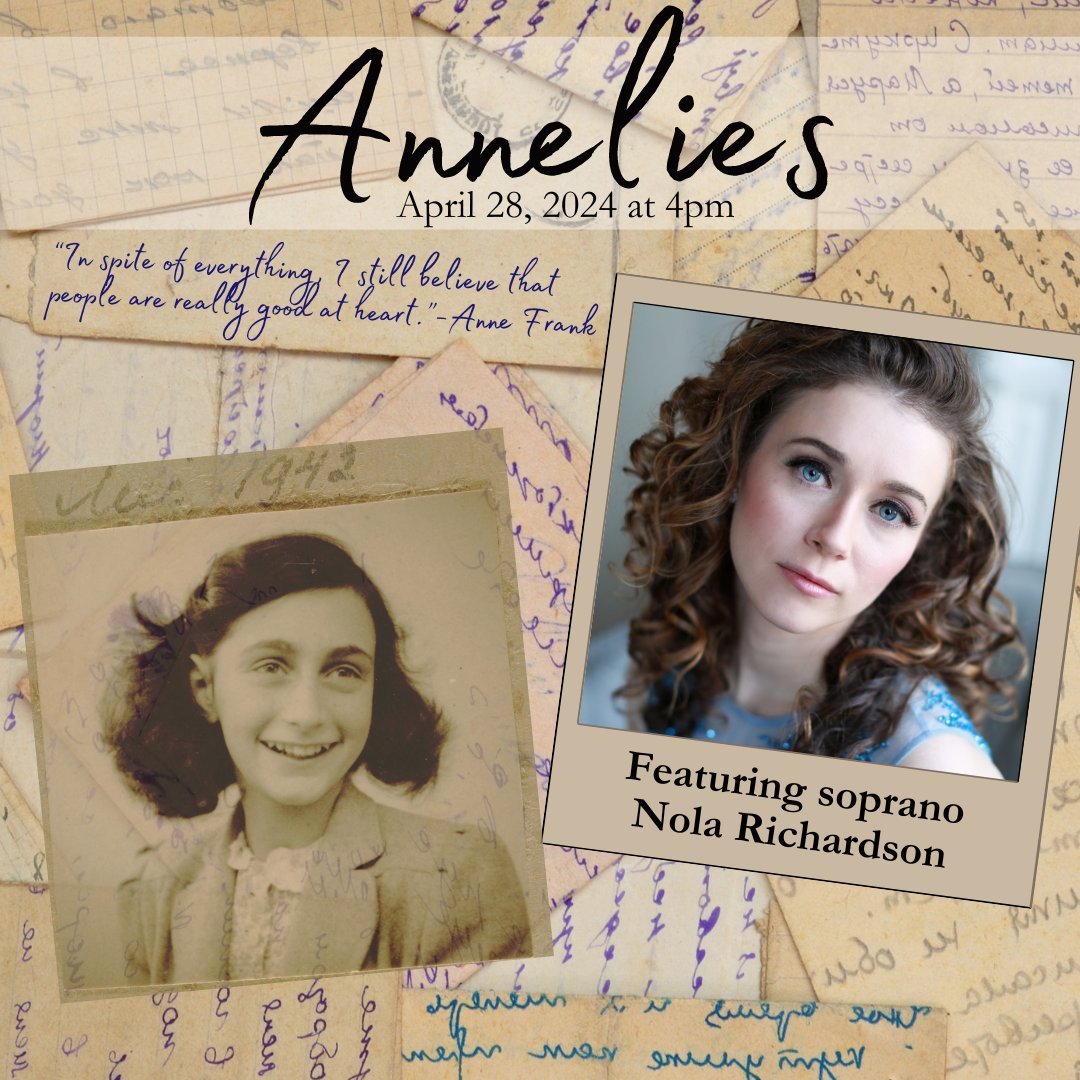 We are thrilled to have soprano Nola Richardson joining Dessoff for the Annelies concert on Apr. 28. Written in 2005 by James Whitbourn and set to texts from Anne Frank's "Diary of a Young Girl", this evocative piece brings her words to life through music. dessoff.org/events/annelies