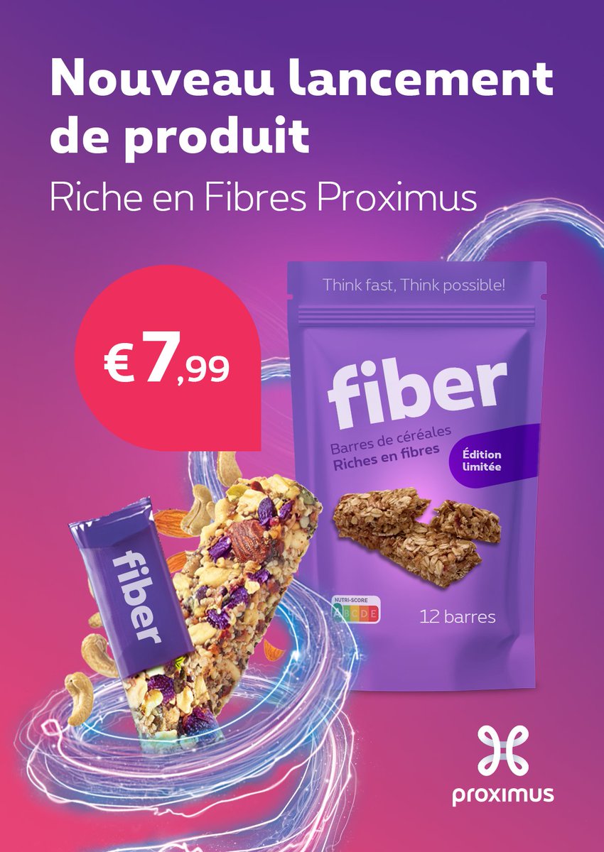 🌟 La barre de céréales riche en fibres #Proximus débarque ! En accord avec notre déploiement de la #fibre partout en Belgique, nous lançons une nouvelle barre de céréales spécialement conçue pour vous fournir un boost d'énergie ultra-rapide. 🌾 Think fast, #ThinkPossible ! 😉