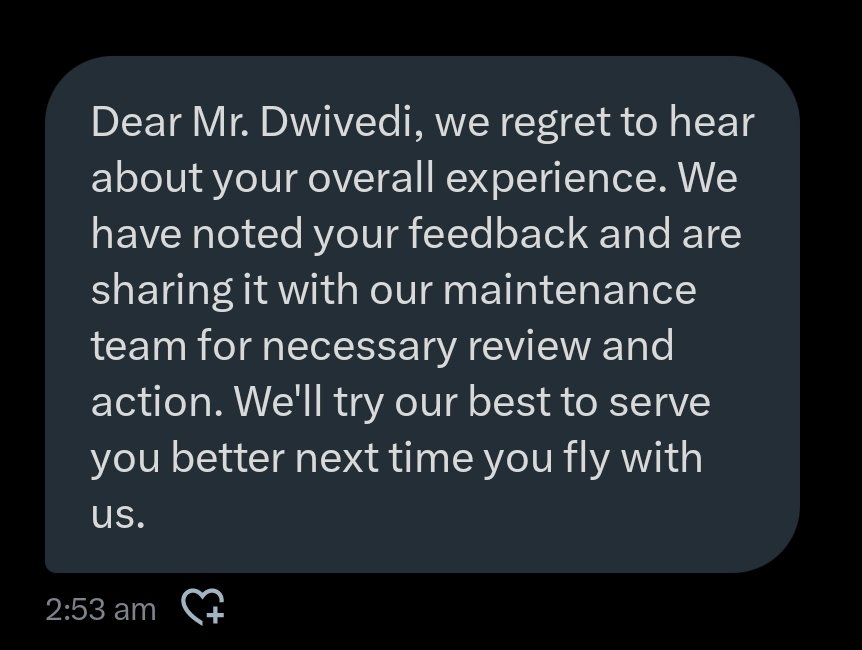 aAdityaDwi's tweet photo. @airindia Dear Air India, a standard copy book text of saying that you have forwarded the query to your maintenance team and will revert back is not a response. Please let me know when you have done something actionable on this. https://t.co/6pnNkJOIhL