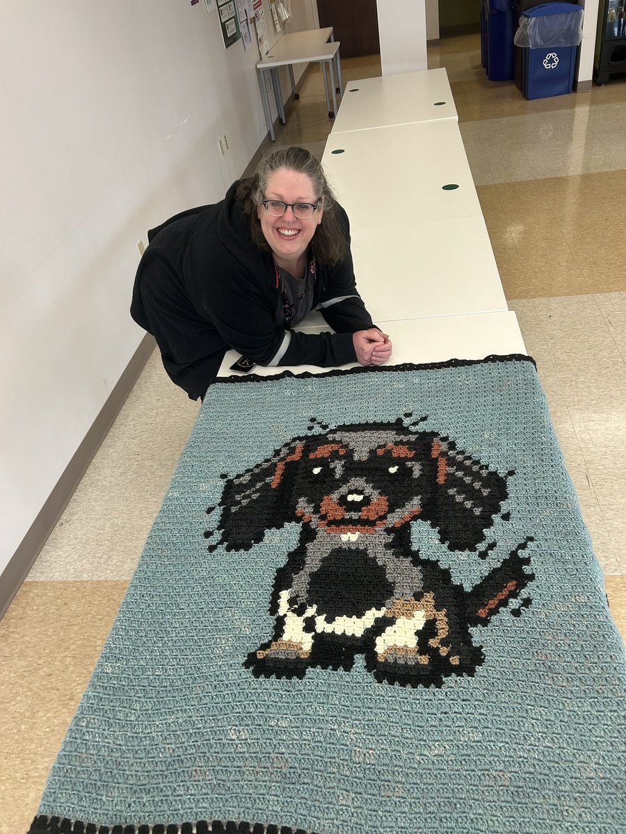 MrsKaderbeck's tweet image. I typically don’t take these kinds of requests, but I could not say no to that adorable face. The color contrasts on the blanket are better in real life. I took this in my work break room that has the best lighting. #crochet #graphghan #dachsund #dachsie #nerdcrafts
