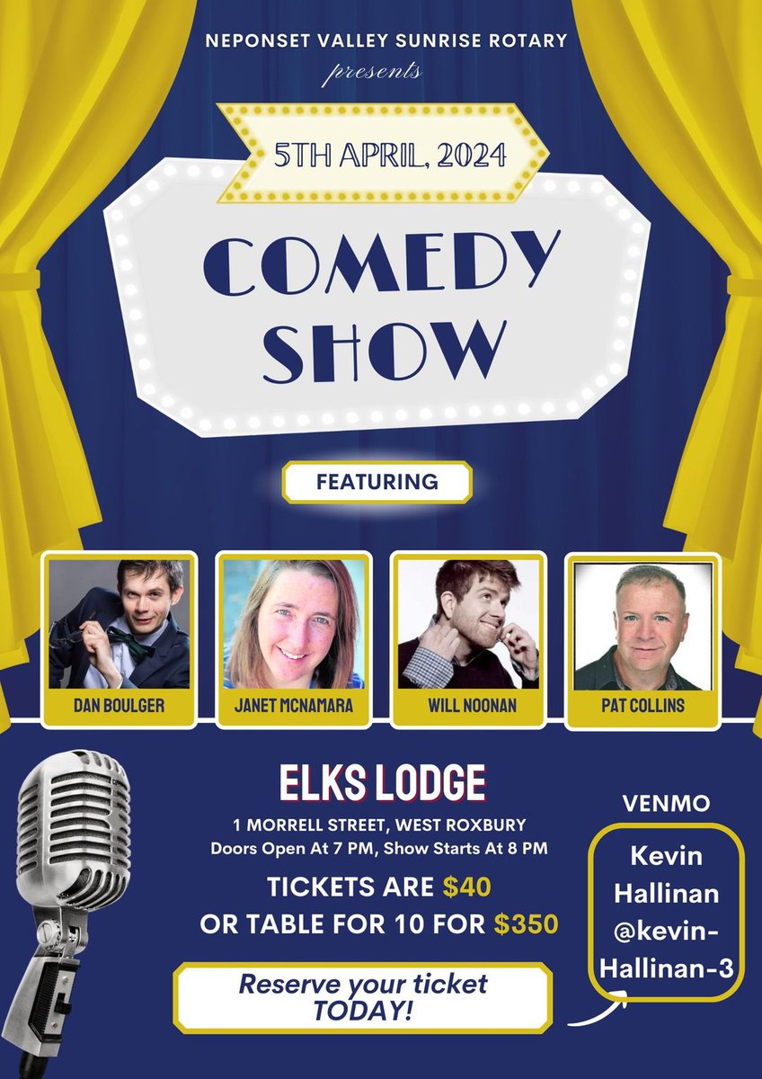 Get your tix for our April 5th Comedy Show at the Elks Lodge in West Roxbury and help support the work that we do. Bring along snacks and food. There will be a bar at the venue. Using Venmo for purchasing tix? Enter Comedy Show and your email in the 'what is this for' line.