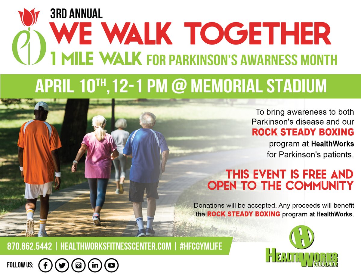 Join us at Memorial Stadium Wednesday, April 10th @ noon for our 3rd Annual "We Walk Together" 1 mile walk to bring awareness to Parkinson's disease!
* In the event of rain, we will walk the indoor track at HealthWorks.