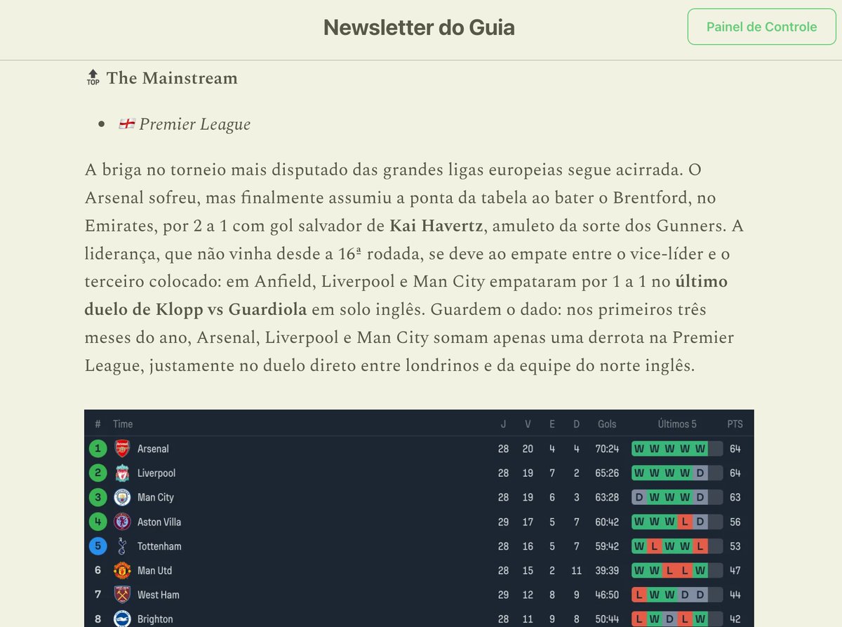 A Newsletter do Guia chegou, e iremos encaminhar para todos os nossos seguidores na caixa de e-mail um resumo do que de melhor aconteceu no finde :)

Brasileiro da rodada, resumo das ligas, jogo da próxima semana... tudo disponível! 

🔗 Se inscreva: oguiadofutebol.substack.com/subscribe
