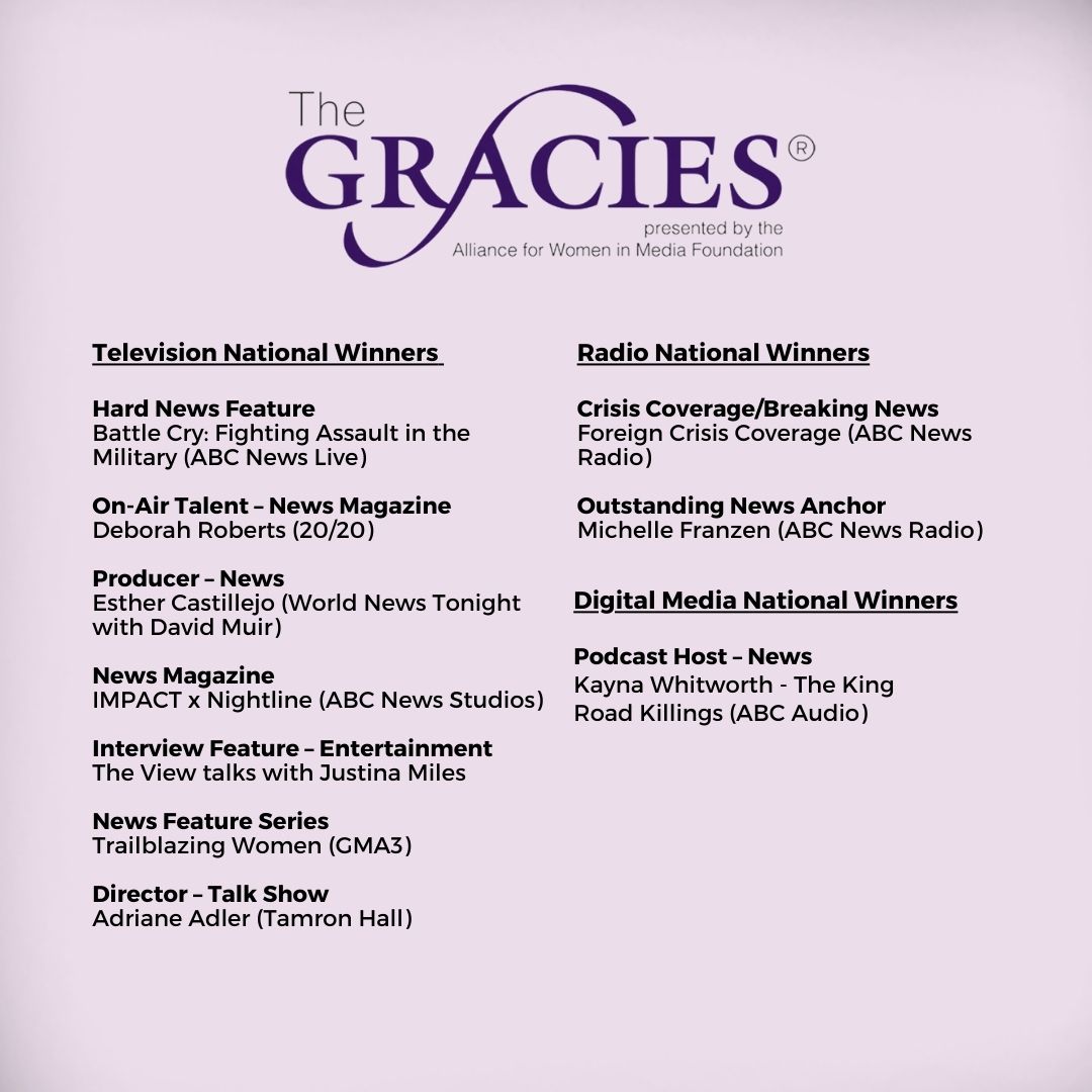 ABCNewsPR's tweet photo. Please join us in congratulating our Gracies Award winners! #oneabcnews https://t.co/BUcMdXKXq5