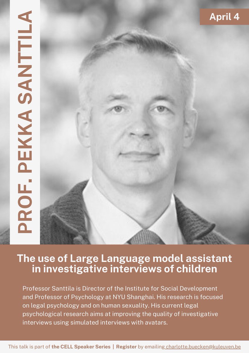 Besides the upcoming Z-PLS event, we have the CELL Speaker Series in which we invite colleagues to present their research in legal & forensic psychology. Every month, we have an invited speaker. This April, we are happy to have @PekkaSanttila present during the CELL Meeting.