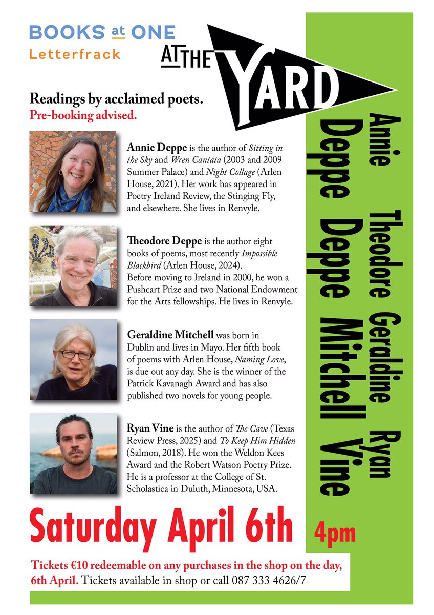 We have a wonderful poetry event coming soon at The Yard 🙌 Come and enjoy readings by these acclaimed poets ✍️ Saturday April 6th @ 4pm! Pre-booking is advised: tickets €10 redeemable on any purchases in the shop on the day. Drop in or call us for a ticket! ☎️