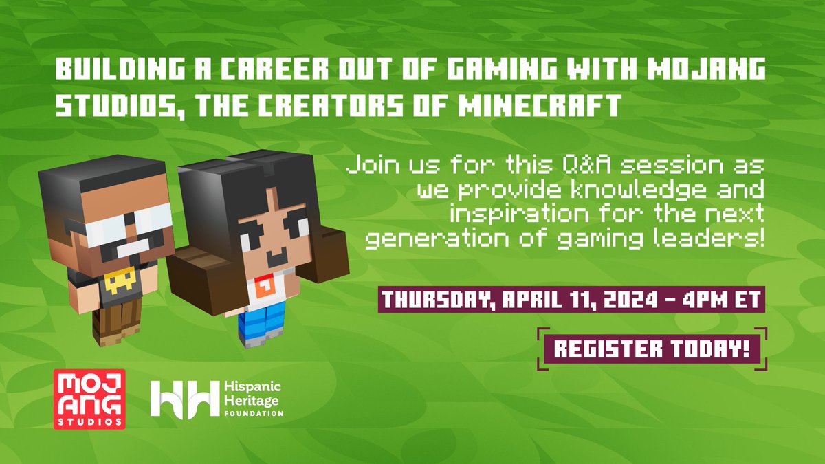 We are thrilled to invite the next generation of #gamingleaders to connect with @Minecraft employees and learn more about their experiences, and the skills needed to successfully begin a professional gaming career. hhflink.org/4c2KU5Y @Mojang @PlayCraftLearn