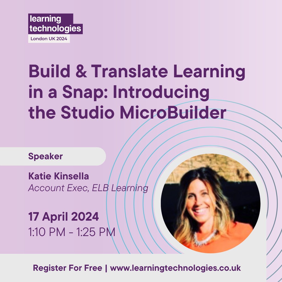 Our 2nd speaking session at @LearnTechUK is with Katie Kinsella giving a behind-the-scenes look at ELB Learning's soon-to-be-released rapid authoring tool! Join us on 4/17, 1:10 PM over at Bitesize Learning Zone 1.

#LT24UK #LearningTechnologies #LearningandDevelopment