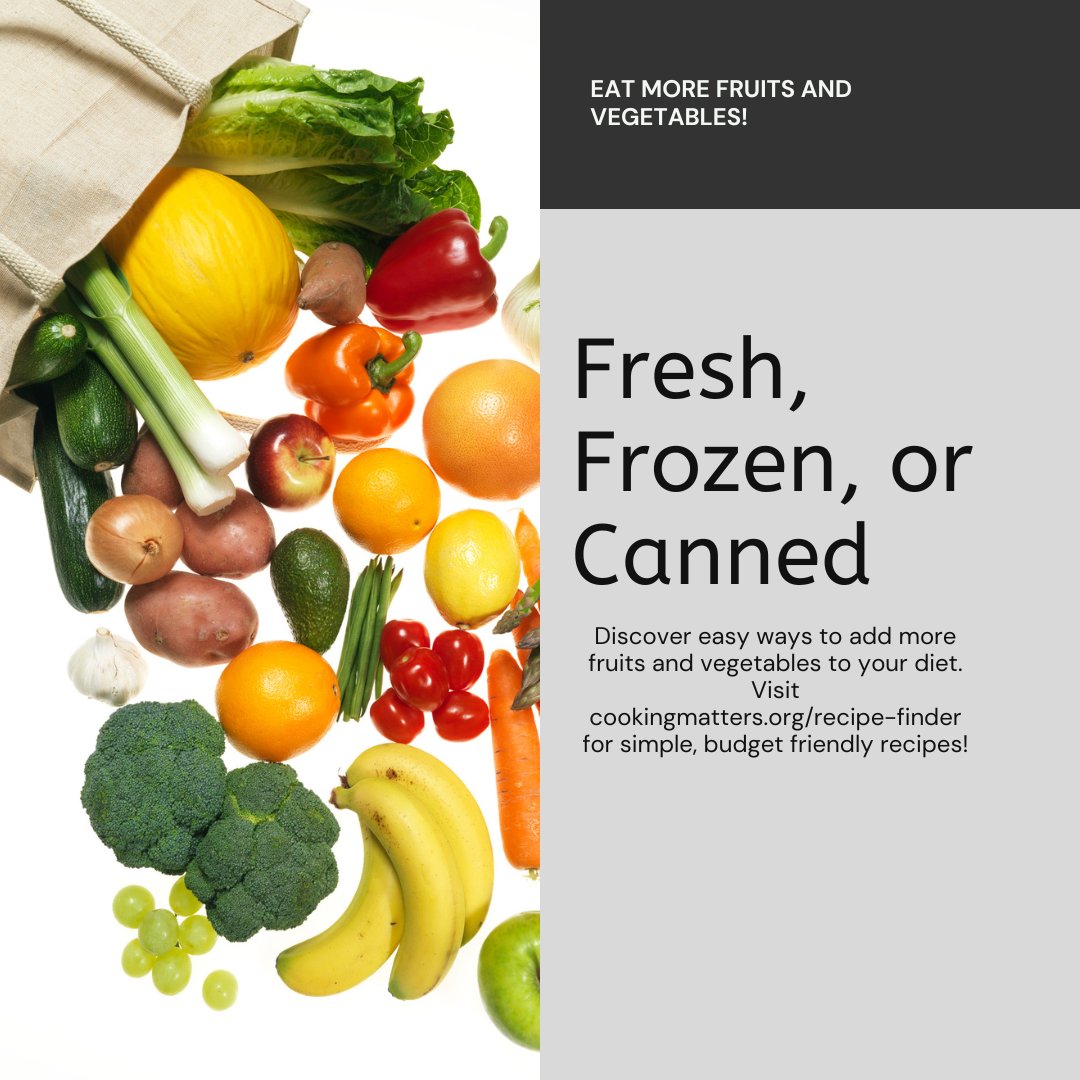 Let's celebrate #NationalNutritionMonth by adding more 🍎fruits and vegetables 🥕 to our diets. Fresh, frozen, or canned, they're all packed with essential nutrients. Find what works for you and your budget! Check out #CookingMatters for simple, budget-friendly recipes.