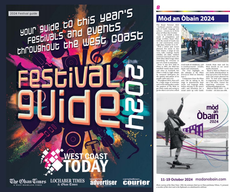 Mòd an Òbain 2024 (@obanmod2024) on Twitter photo Mòd an Òbain 2024 am measg nam fèisean a tha gan taisbeanadh ann am Festival Guide <a href="/westcoasttoday/">westcoasttoday</a>
Find out a bit more about the Mòd plans and the huge range of festivals planned for 2024 on the West Coast here: westcoasttoday.co.uk/free.../festiv… Mòd an Òbain 2024 am measg nam fèisean a tha gan taisbeanadh ann am Festival Guide <a href="/westcoasttoday/">westcoasttoday</a>
Find out a bit more about the Mòd plans and the huge range of festivals planned for 2024 on the West Coast here: westcoasttoday.co.uk/free.../festiv…