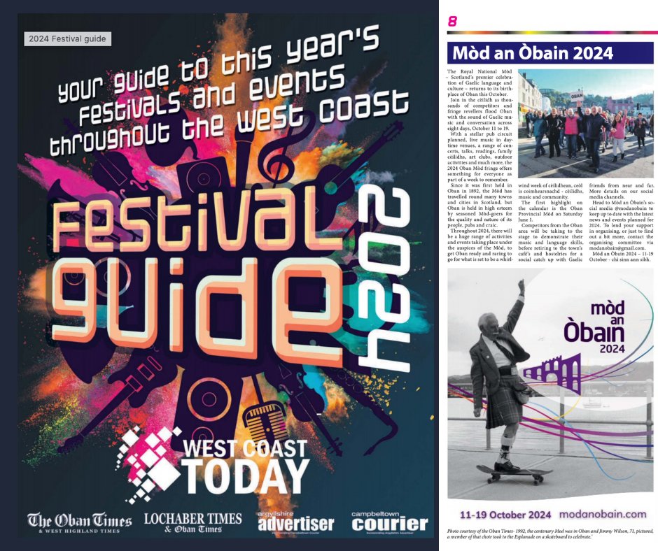 Mòd an Òbain 2024 am measg nam fèisean a tha gan taisbeanadh ann am Festival Guide @westcoasttoday Find out a bit more about the Mòd plans and the huge range of festivals planned for 2024 on the West Coast here: westcoasttoday.co.uk/free.../festiv…