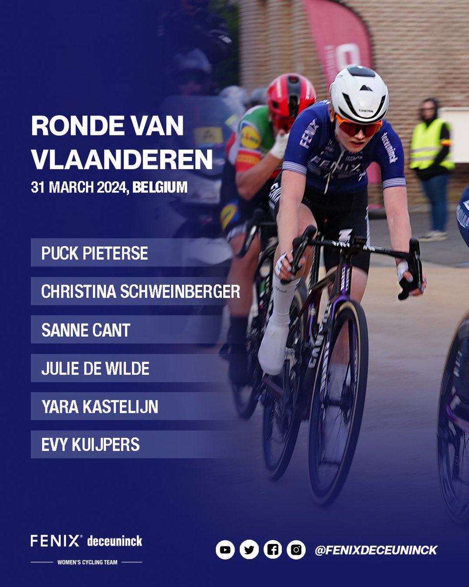Sunday D-Day with <a href="/RondeVlaanderen/">Ronde van Vlaanderen</a>. Fenix-Deceuninck will start in Oudenaarde with this amazing squad 🔥

For Puck Pieterse it’s her very last road race before shifting focus to mountain biking. At the Ronde she wants to shine one more time.

Good luck ladies 💙

#fenixdeceuninck