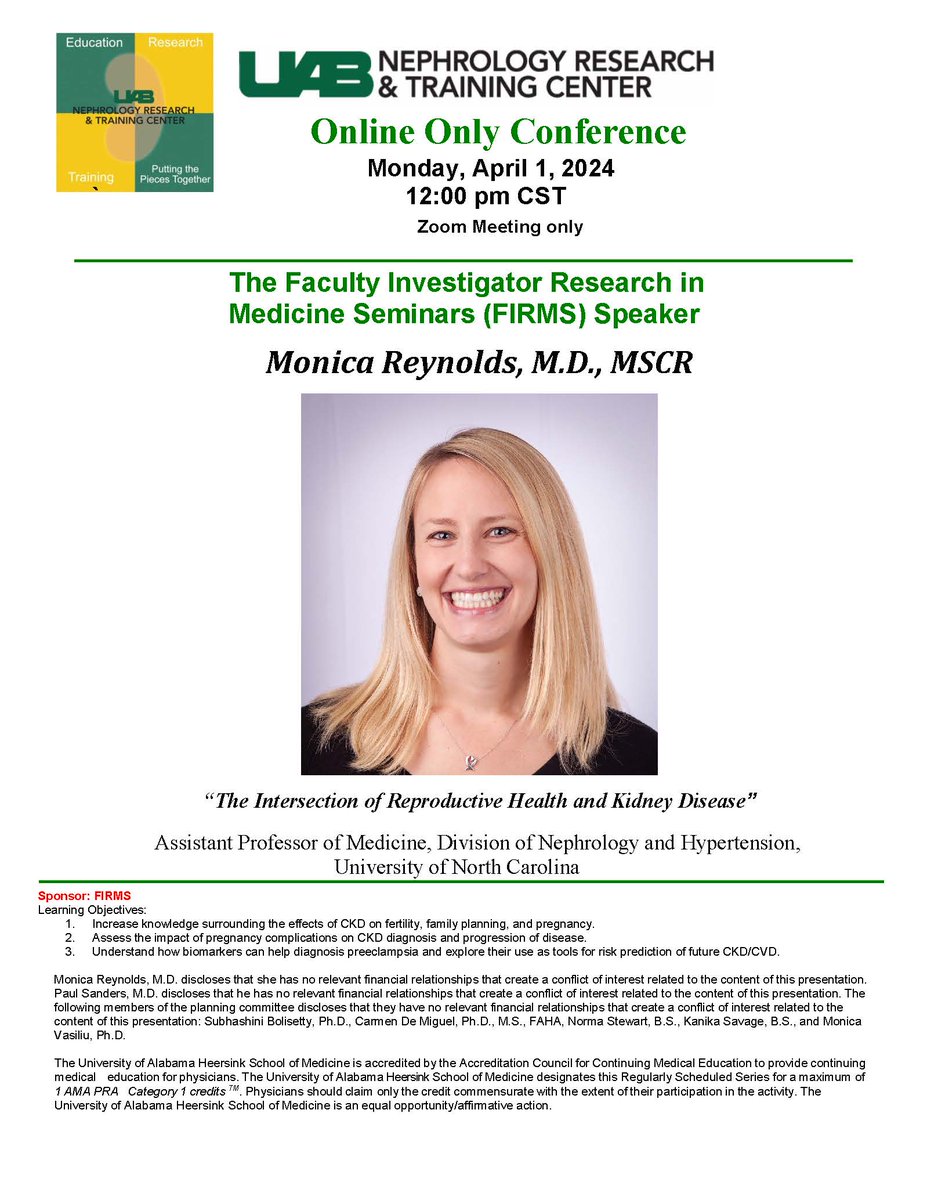 @UAB_NRTC Seminar - Monday 04/01/2024 at noon zoom only - Dr. Monica Reynolds from University of North Carolina will present on: “The Intersection of Reproductive Health and Kidney Disease” @BolisettySu @Carmendemigue12 @DrPaulKidney