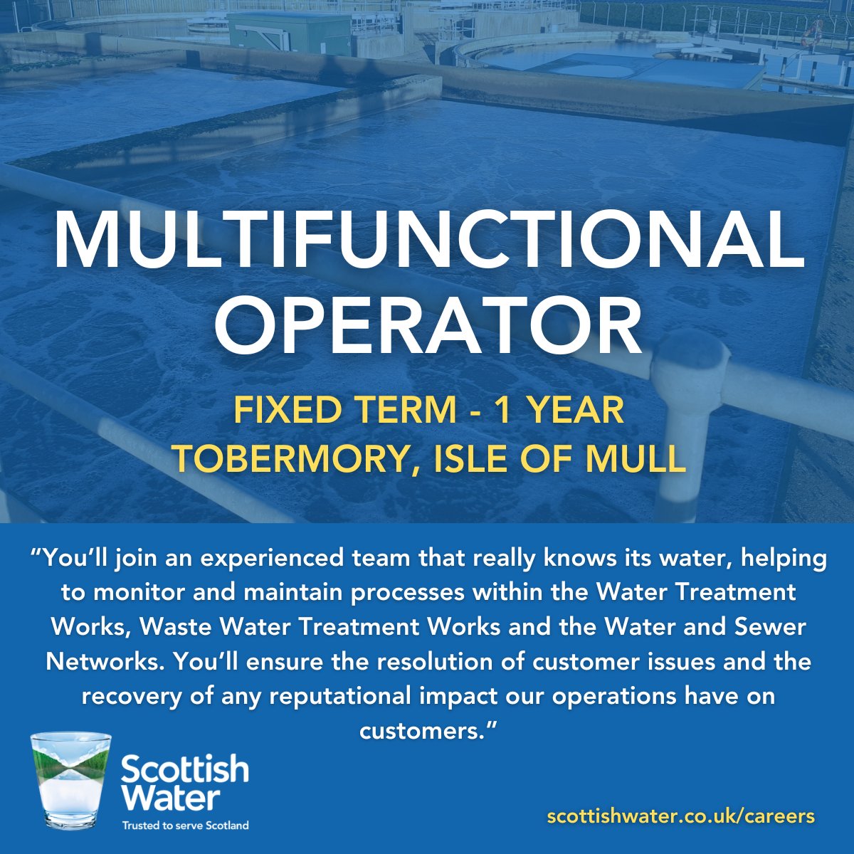 Join us on the Isle of Mull as a Multifunctional Operator and ensure Scotland's water stays pure. Dive into a year of meaningful work, including monitoring processes, handling repairs, and delighting customers. bit.ly/43zNInz #Tobermory #IsleofMull #Hiring