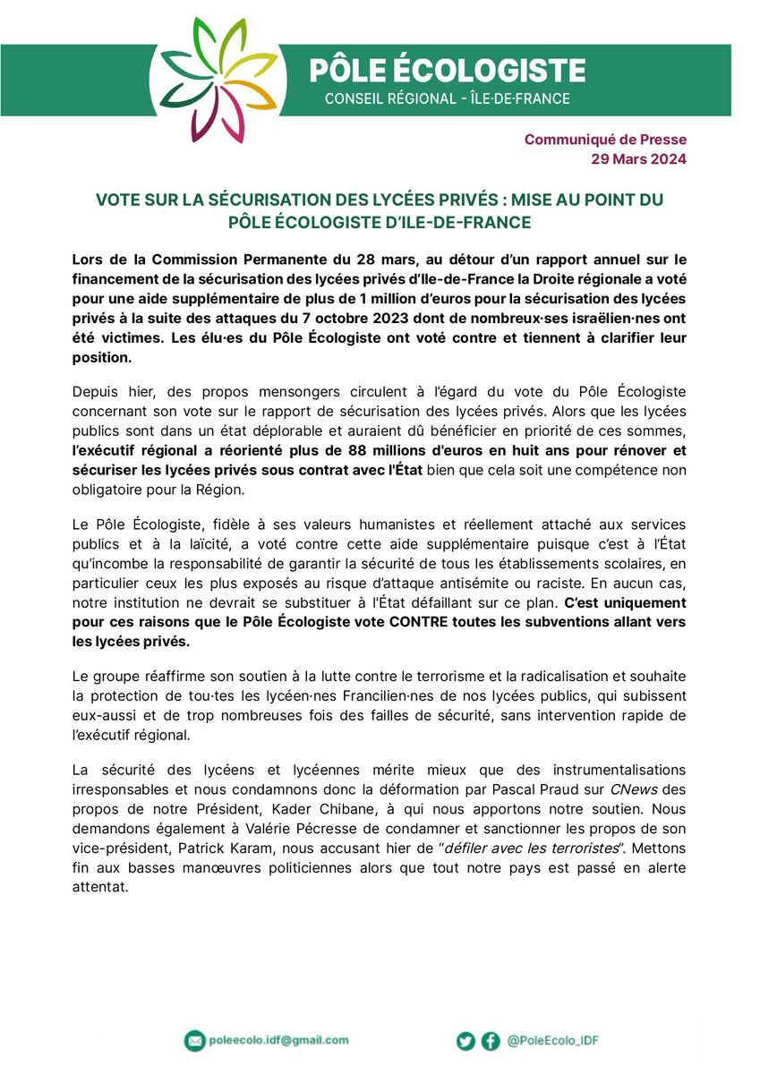 PoleEcolo_IDF's tweet photo. 🔴VOTE SUR LA SÉCURISATION DES LYCÉES PRIVÉS : MISE AU POINT DU PÔLE ÉCOLOGISTE D’ILE-DE-FRANCE

Suite aux propos déformés et instrumentalisés par la Droite régionale et dans l’émission de @PascalPraud sur #CNews, retrouvez notre position ⤵️ https://t.co/QXtHty3gjz