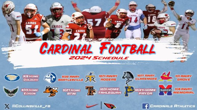 2024 🏈 Season Loading ⬆️ <a href="/collinsville_fb/">Cardinal Football</a> <a href="/CollinsvilleMed/">Collinsville Sports Med</a> <a href="/cvillecards/">Collinsville HS</a> <a href="/cvilleokschools/">Collinsville, OK School District</a> <a href="/cvilleathletes/">Cardinal Athletics</a>