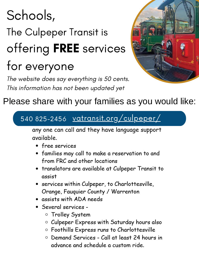 CCPS_FRC's tweet image. Check out the Culpeper Transit offering FREE services! Click on the link for more information.