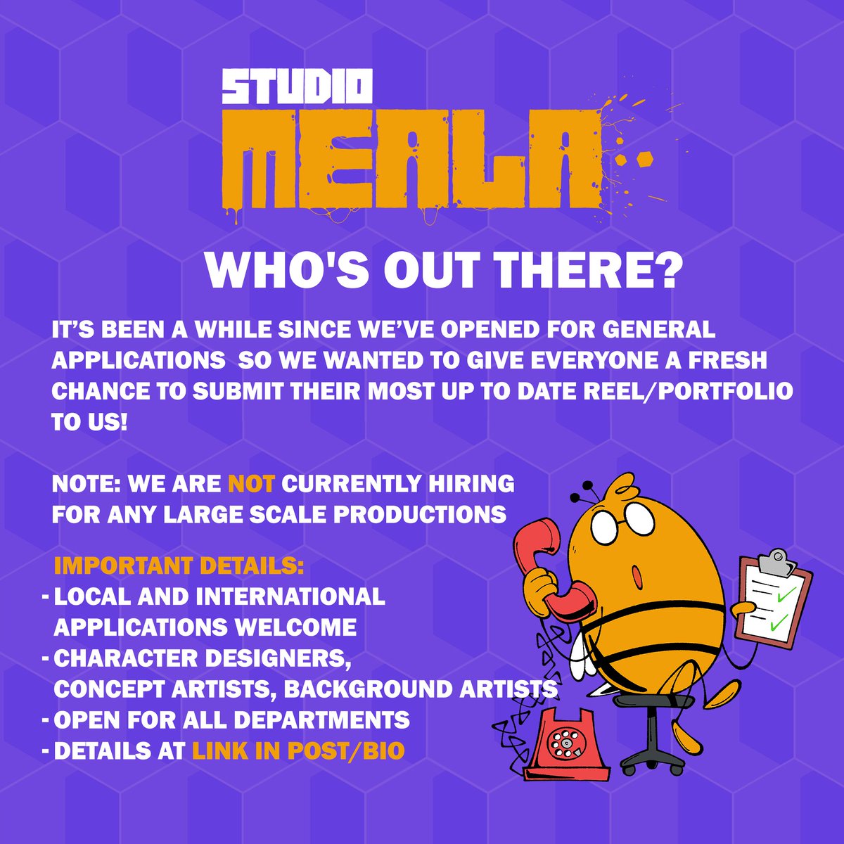 WHO'S OUT THERE? Find out more and submit your work here: forms.gle/cv2cuWm2tfh9qx… #studiomeala #showreel #2danimation #portfolio