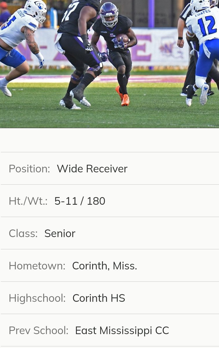 Northwestern State WR Zach Patterson entered the portal as a grad transfer; the JUCO signee totaled 105 rec for 898 yards and 5 TD in 2 seasons (17 games) with the Demons
 <a href="/ZachEPatterson1/">Zach Patterson</a>